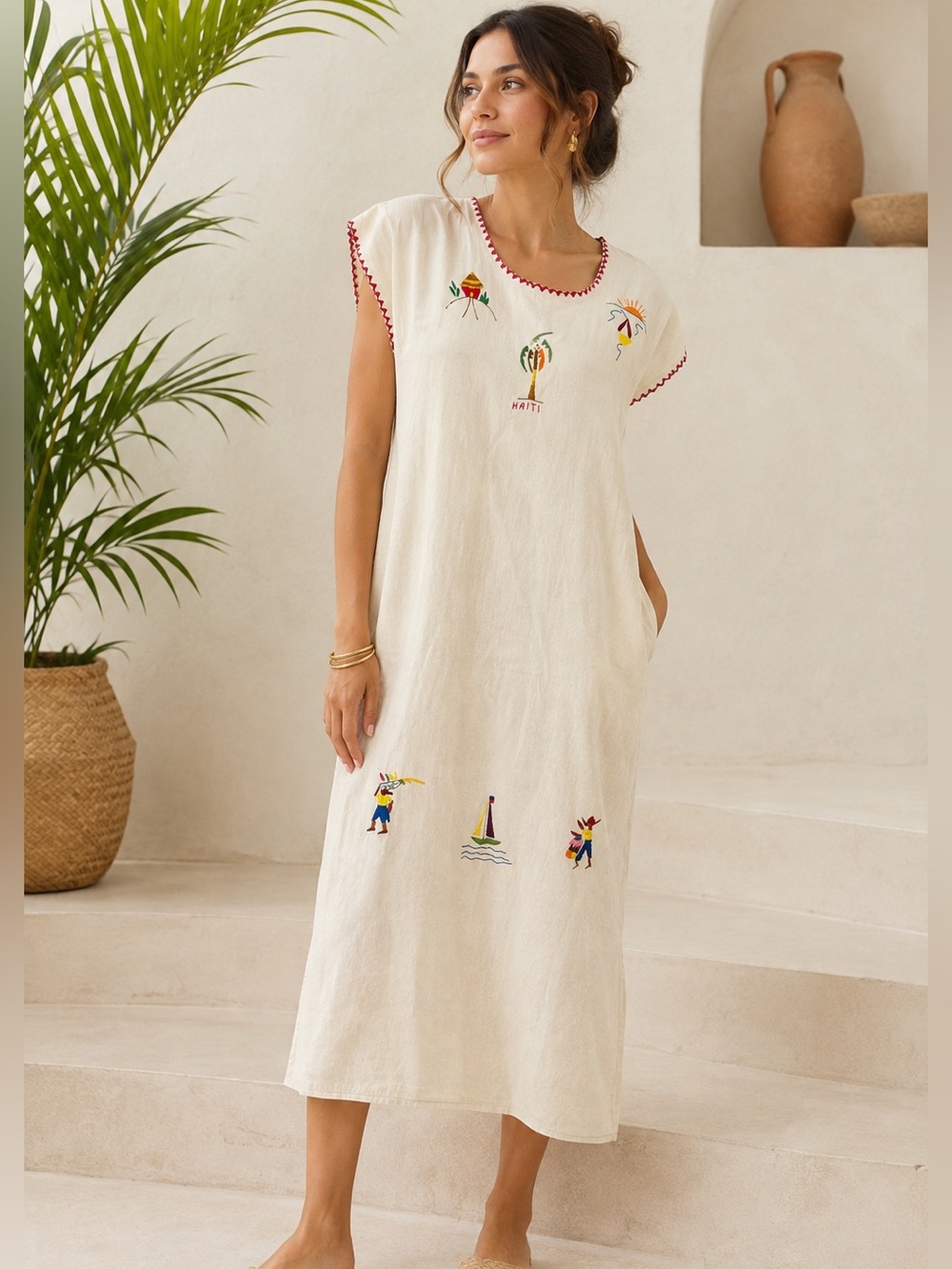 Vintage Handmade Haiti Embroidered Cotton Dress Folk Art Caribbean Beach